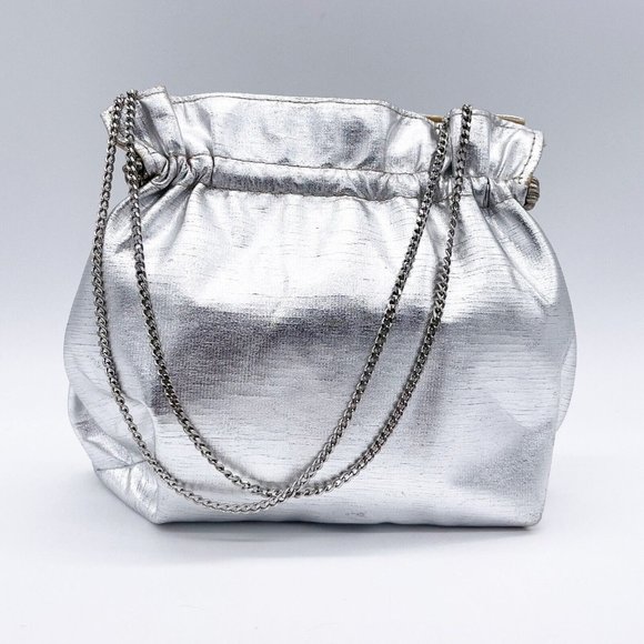 Vintage 1980s Silver Lame Mini Bag Purse Adjustable Chain Strap Kiss Lock Dressy